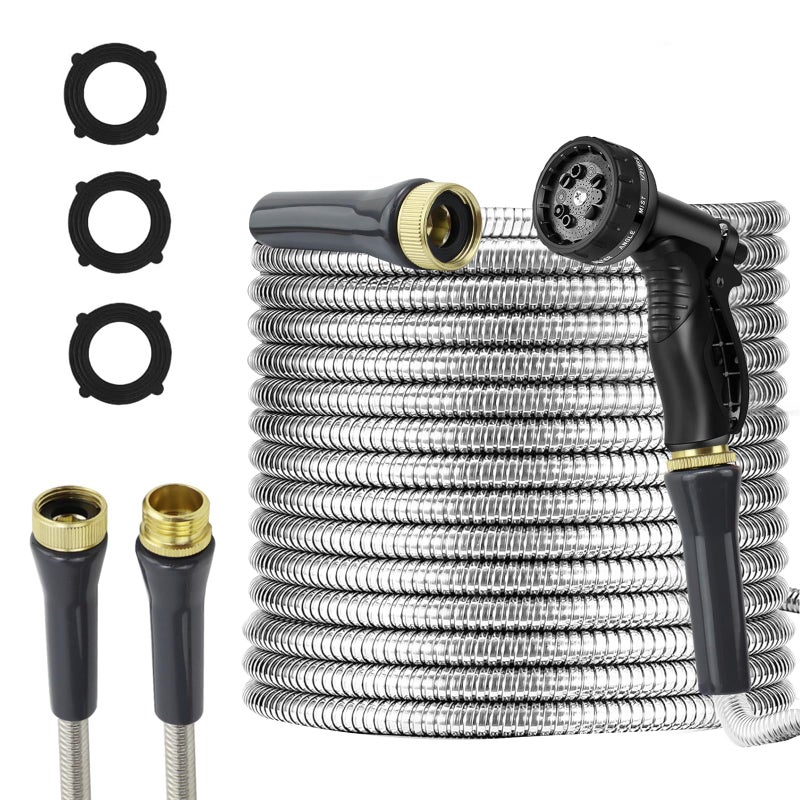 AnyEasy Stainless Steel Garden Hose 100ft Heavy Duty Metal Water Hoses with 10 Function Water Hose Nozzles for Yard Outdoor - Image 1